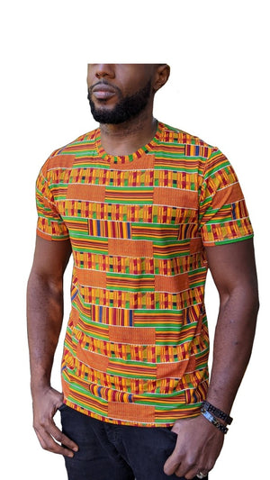 Washoge Kente African Print Round Neck T-Shirt