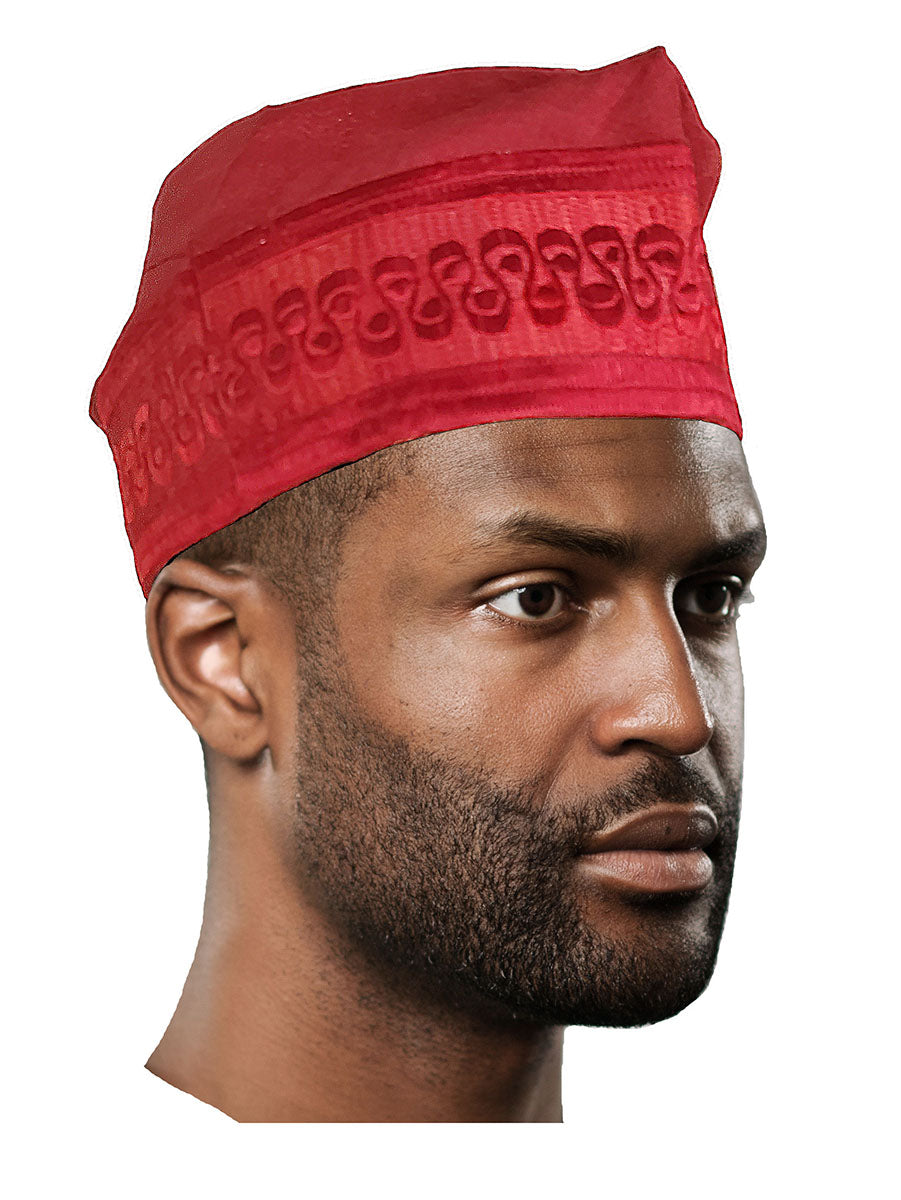 Red Embroidered African Hand woven Aso Oke Hat