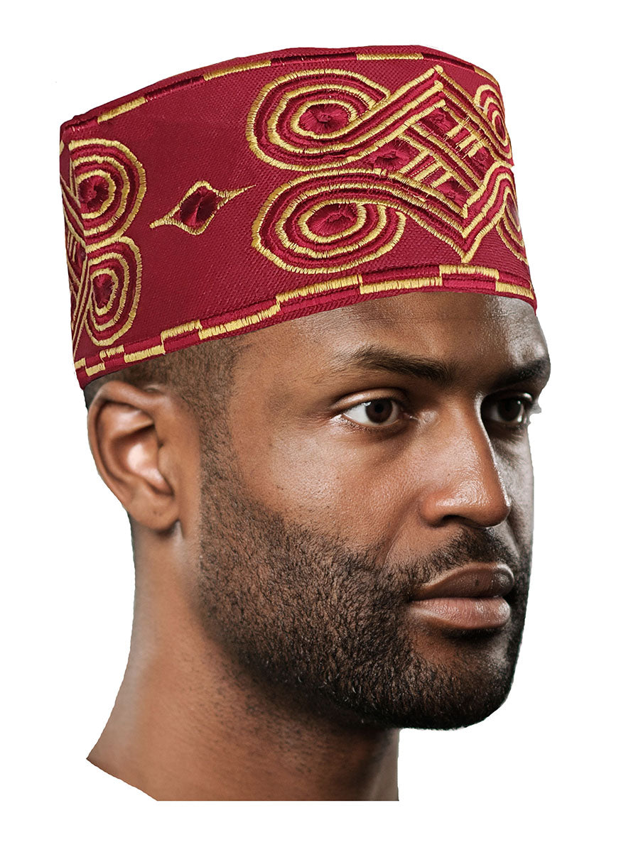 Burgundy Embroidered African Hand woven Aso Oke Hat