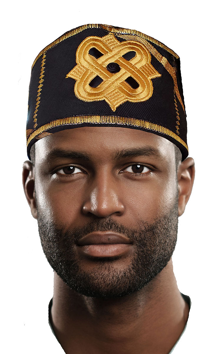 Black and Gold Embroidered African Hand woven Aso Oke Hat