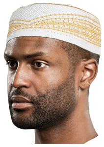 White and Gold Kofia Hat African Embroidered Kufi Cap-DPH622