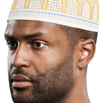 White, Gold and Blue Kofia Hat African Embroidered Kufi Cap-DPH623