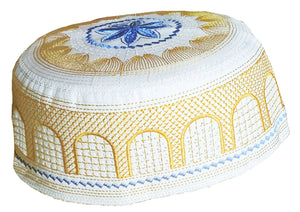 White, Gold and Blue Kofia Hat African Embroidered Kufi Cap-DPH623