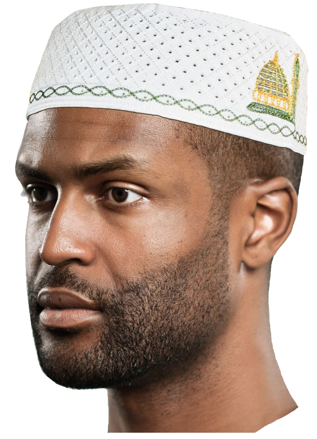 White, Gold and Green Kofia Hat African Embroidered Kufi Cap-DPH624