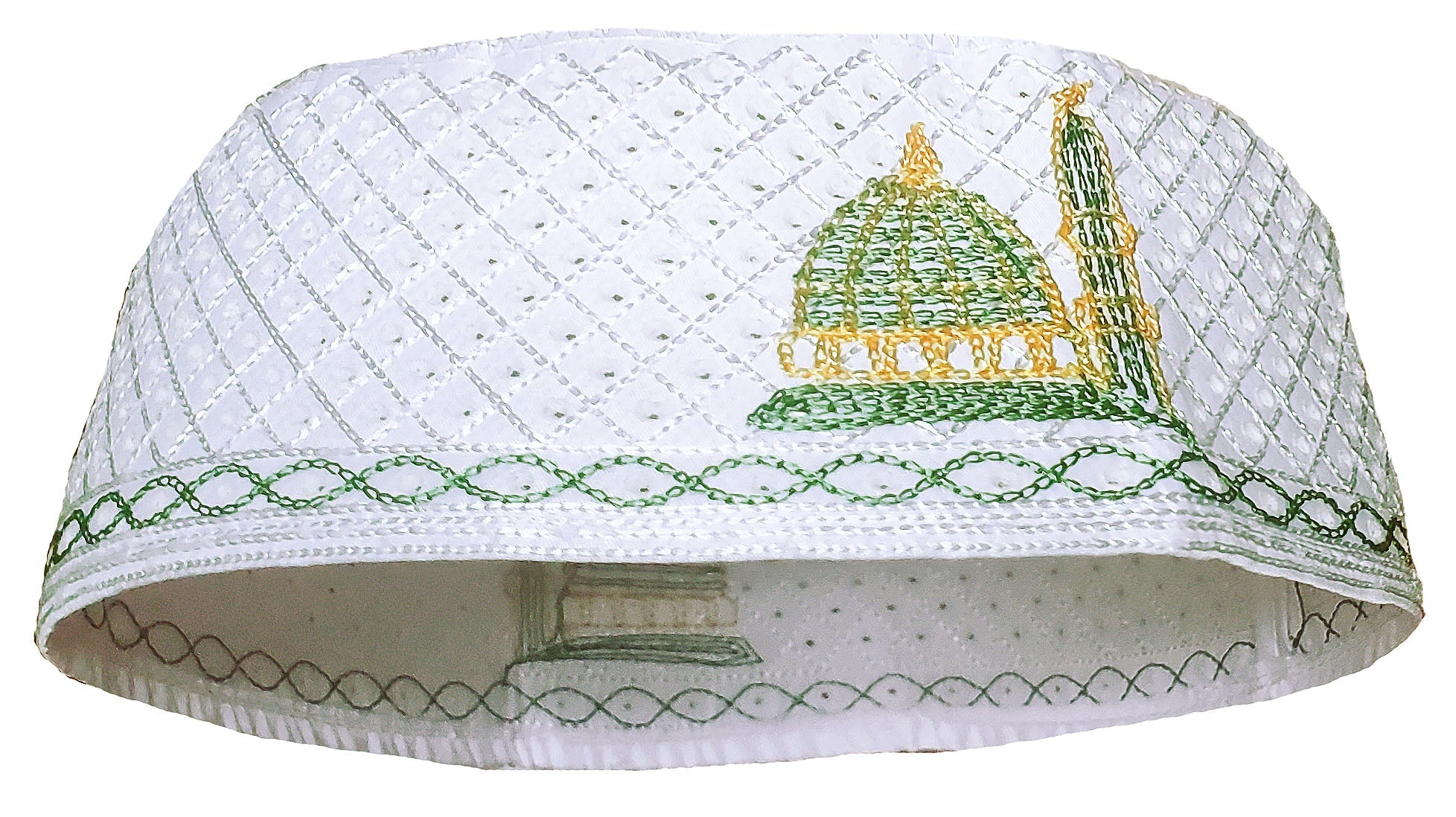 White, Gold and Green Kofia Hat African Embroidered Kufi Cap-DPH624