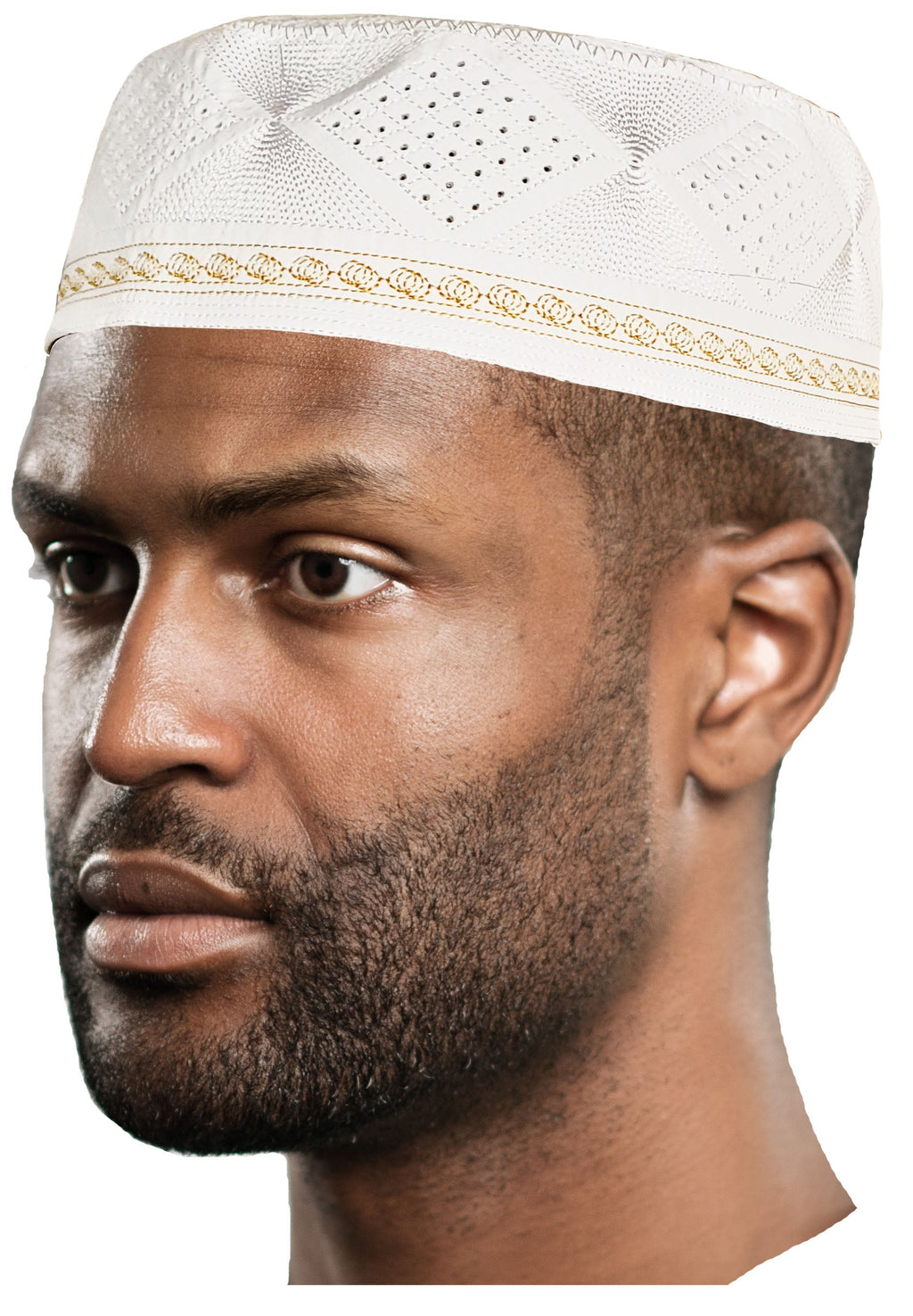 White with Gold Kofia Hat African Embroidered Kufi Cap DPH625