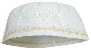 White with Gold Kofia Hat African Embroidered Kufi Cap DPH625