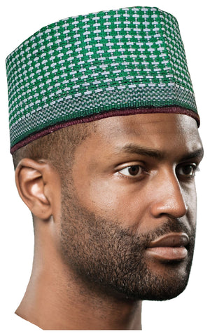 Suleimani Green and White Hausa Mallam Cap Fulani Hula Hand-Crafted African Traditional Kufi hat DPH626