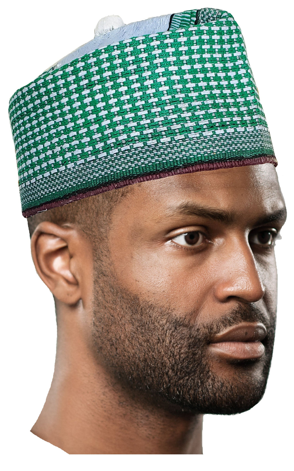 Suleimani Green and White Hausa Mallam Cap Fulani Hula Hand-Crafted African Traditional Kufi hat DPH626