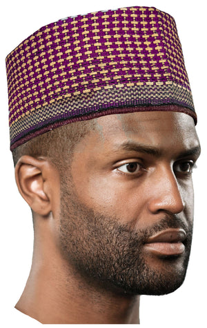 Dahfi Purple and Gold Hausa Mallam Cap Fulani Hula Hand-Crafted African Traditional Kufi hat-DPHMHPG09