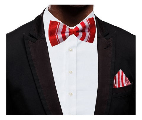 Red and White Handwoven Kente Bow Tie and Pocket Triangle-DPT253