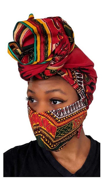 Cotton Red Dashiki African Print Head wrap with a matching mask