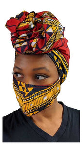 Cotton Red African Print Head wrap with a matching mask