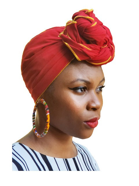 Red African Head Wrap with Gold Trim