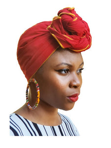 Red African Head Wrap with Gold Trim