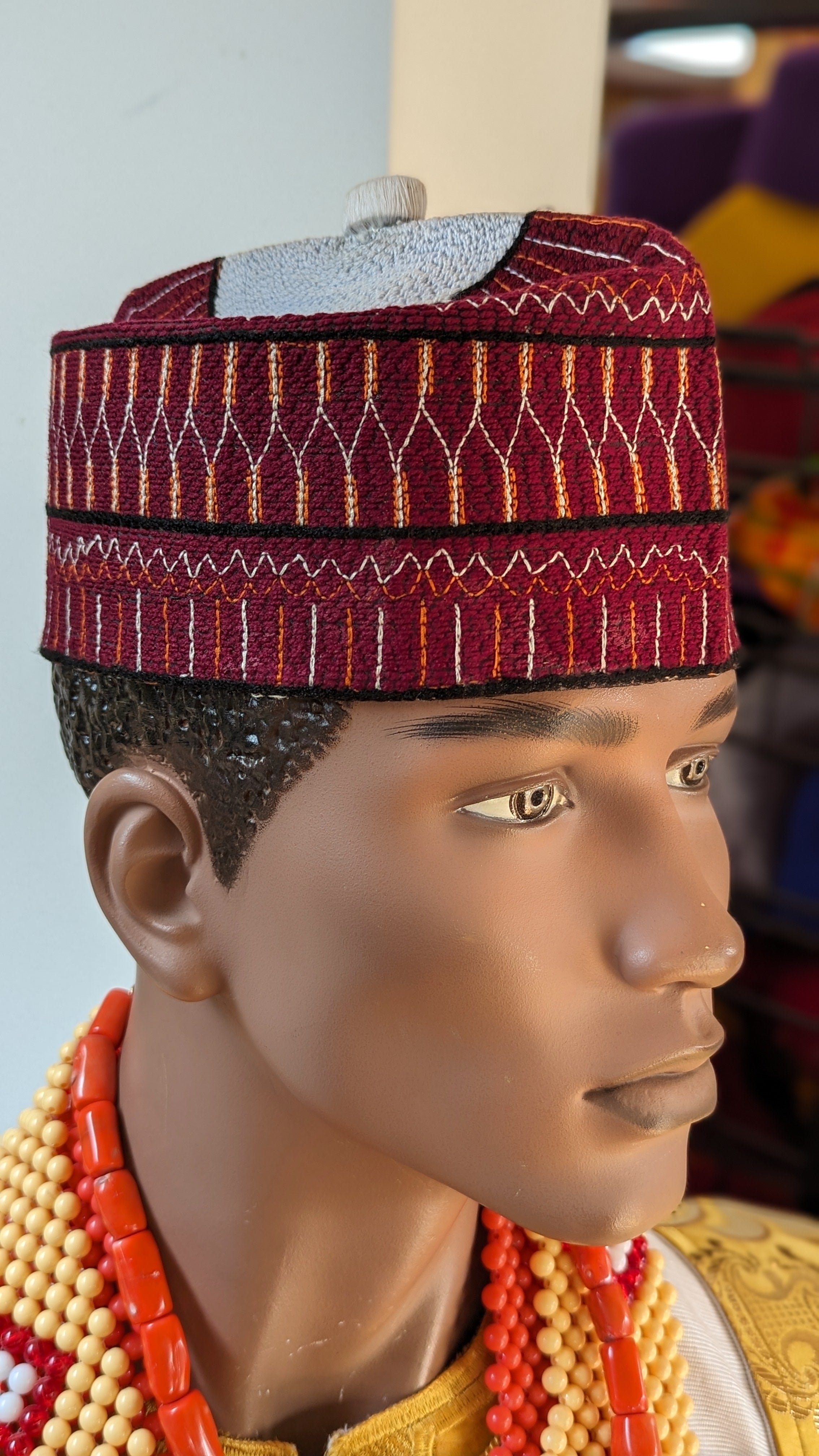 Mahmadu Burgundy African Handwoven Hausa Mallam Nigerian Hat Kufi Cap-DPHBWOM2
