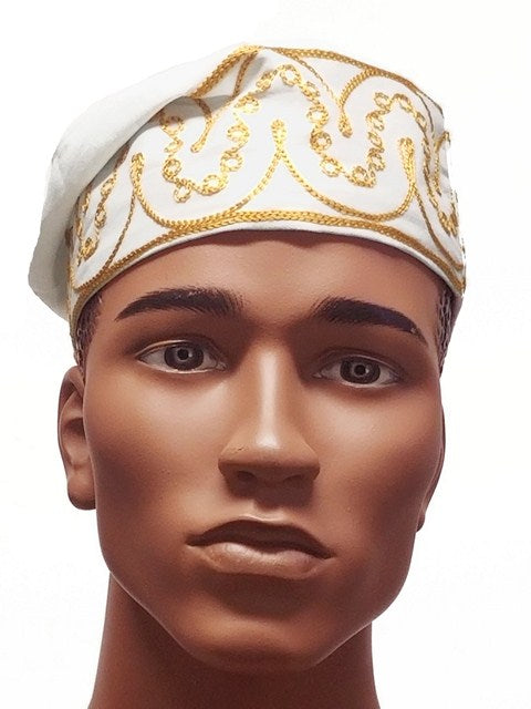 Off White African Cotton Kufi Hat with Gold Embroidery