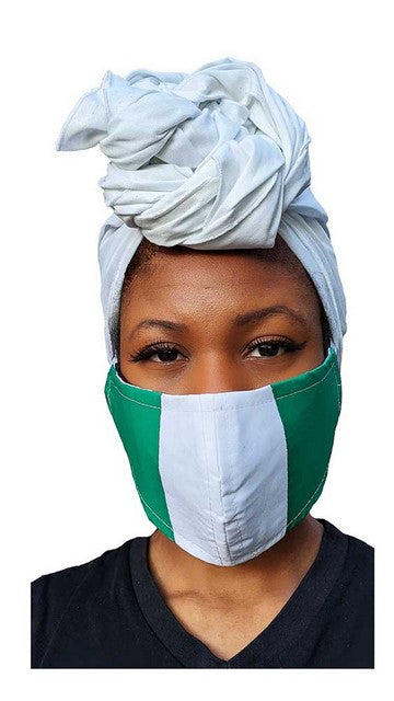 Cotton Off White African Head wrap with a Nigerian Flag Mask